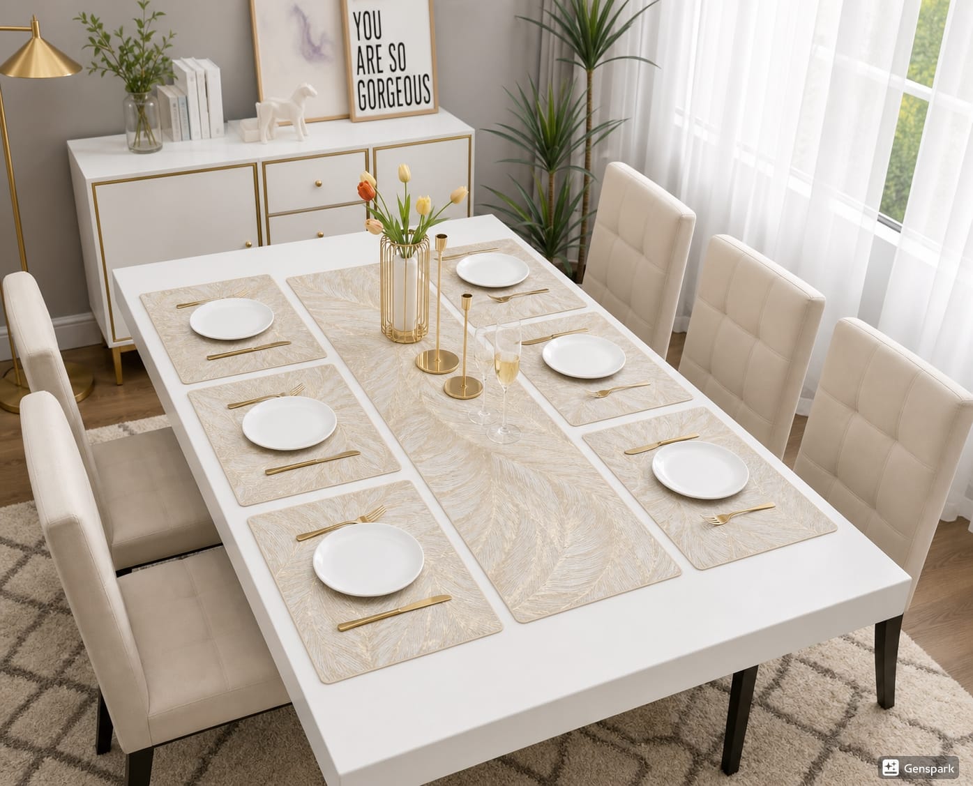 Elegant Golden Geometric Flower Pattern PVC Placemats and Coasters
