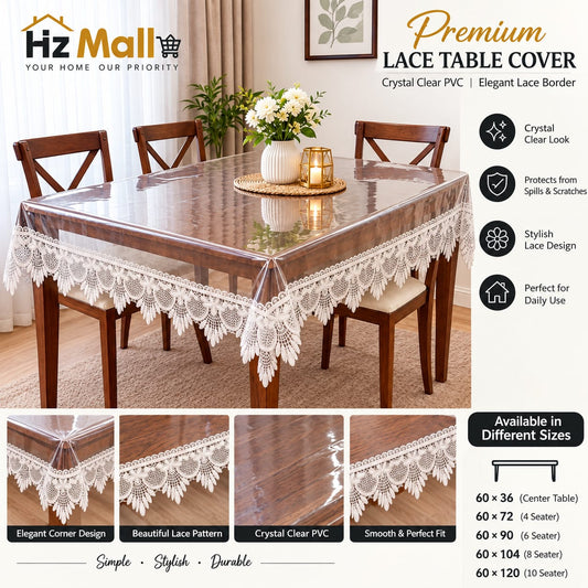 4/6/8/10 Seater Premium Transparent Table Cover with Elegant Lace Design – Waterproof PVC Table Cloth