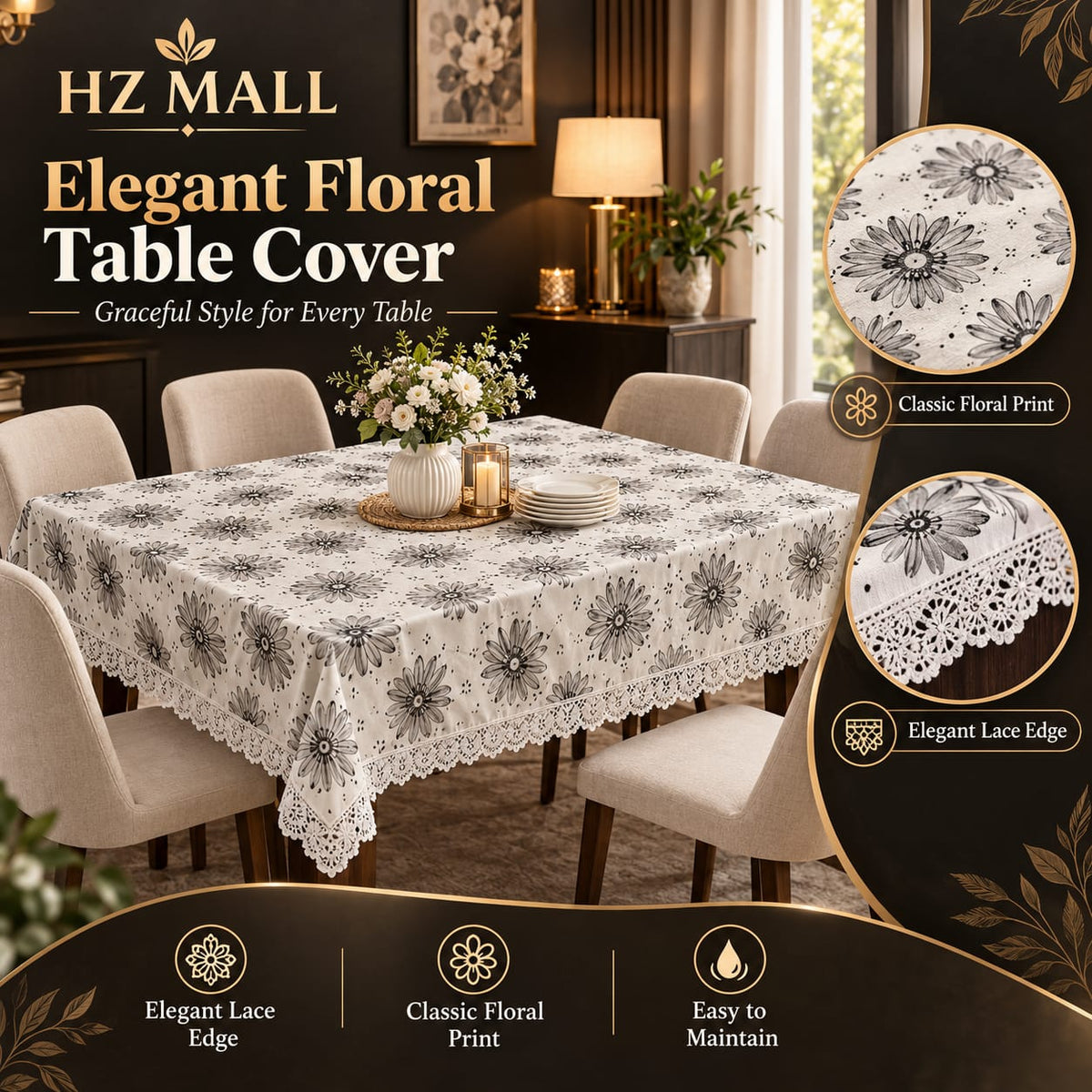 4/6/8 Seater Waterproof Table Cover with Elegant Lace Border New Design B