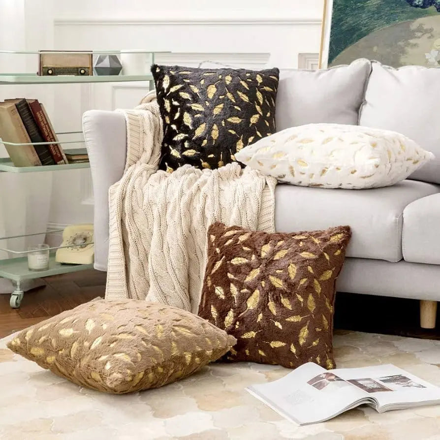 Bronzing Feather Leaf Cushion Cover 16x16