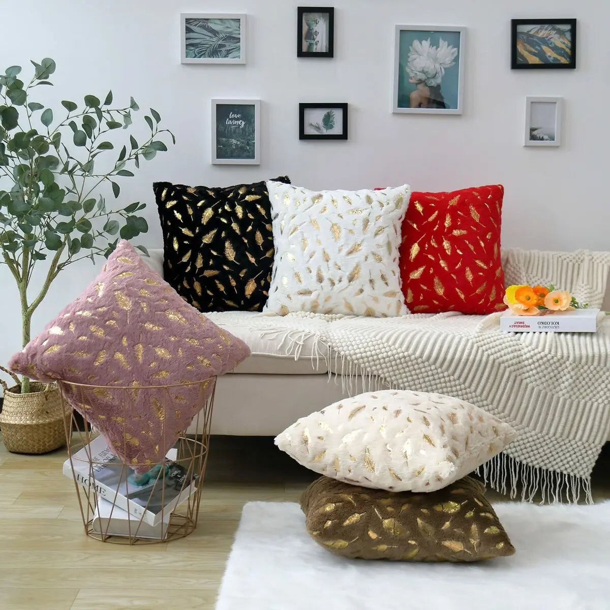 Bronzing Feather Leaf Cushion Cover 16x16