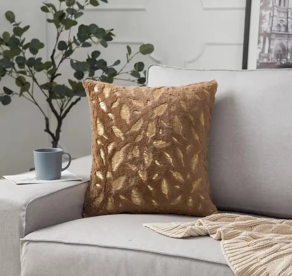 Bronzing Feather Leaf Cushion Cover 16x16