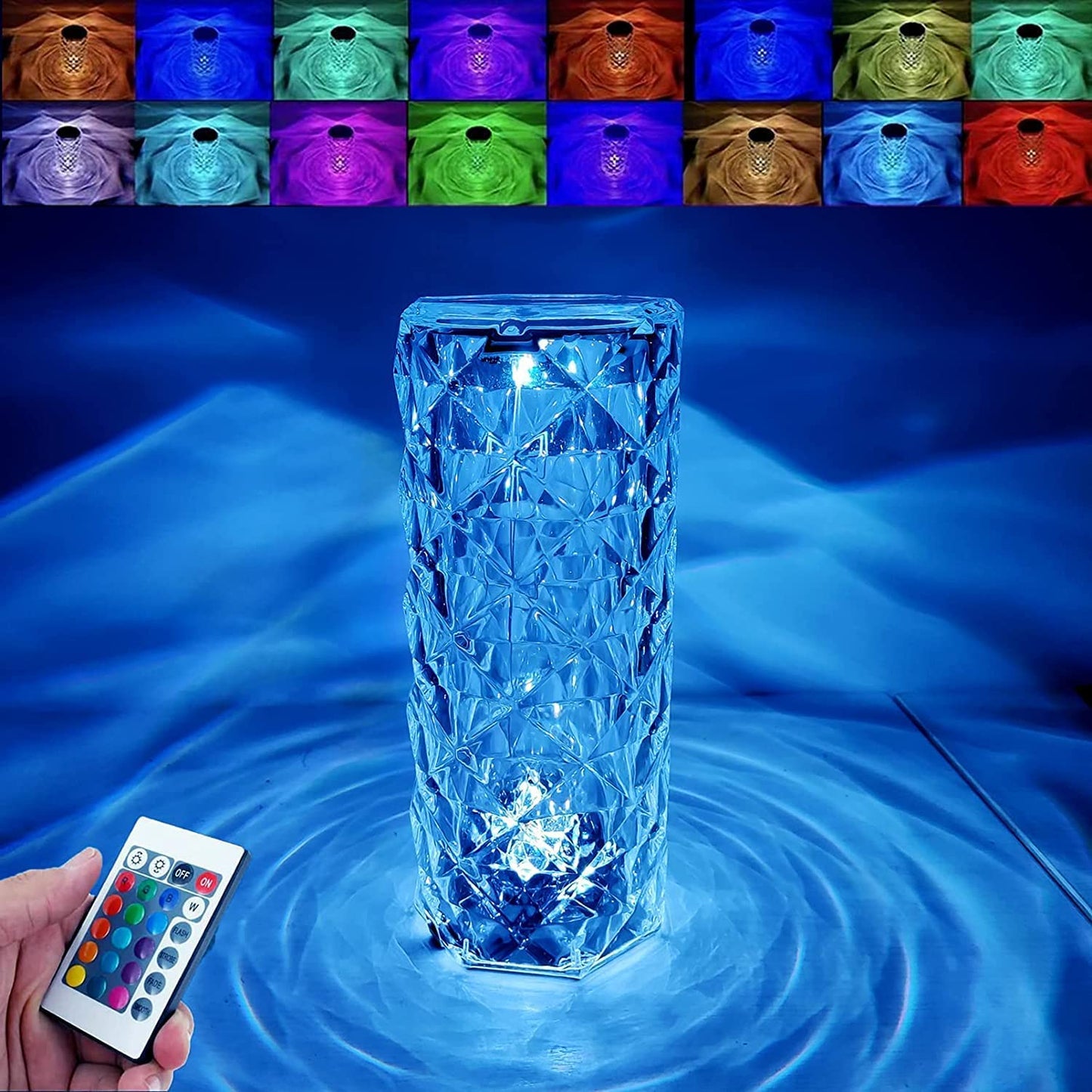 Rose Diamond Crystal Table Lamp – Rechargeable RGB Touch Control Lamp with Remote (16 Colors)