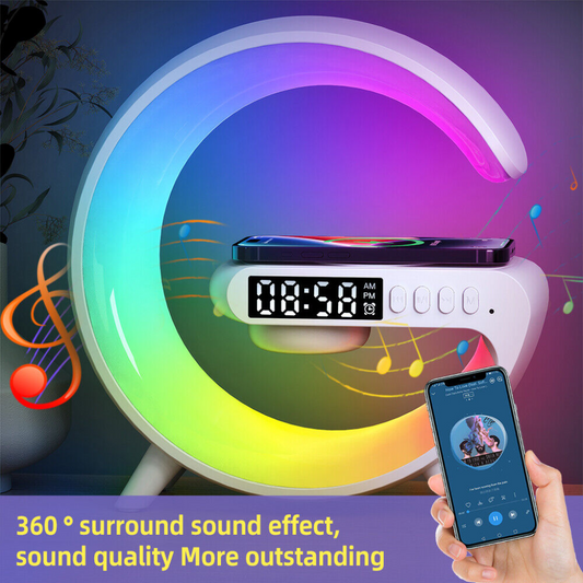 RGB G-Shape 4-in-1 Lamp – Bluetooth Speaker, Alarm Clock & Wireless Charger